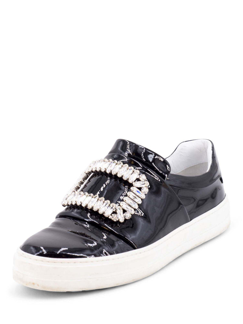 Roger Vivier Patent Leather Crystal Buckle Flat Shoes Black-designer resale