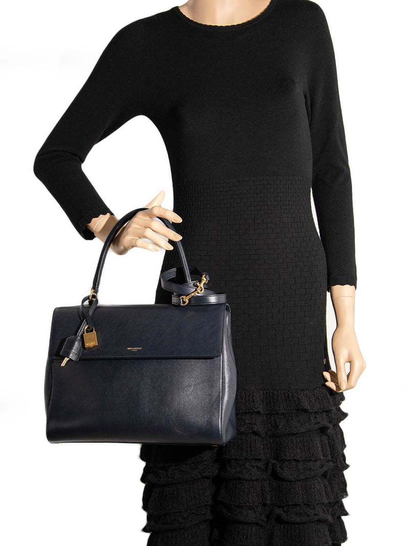 Saint Laurent Calfskin Medium Moujik Top Handle Bag Blue-designer resale
