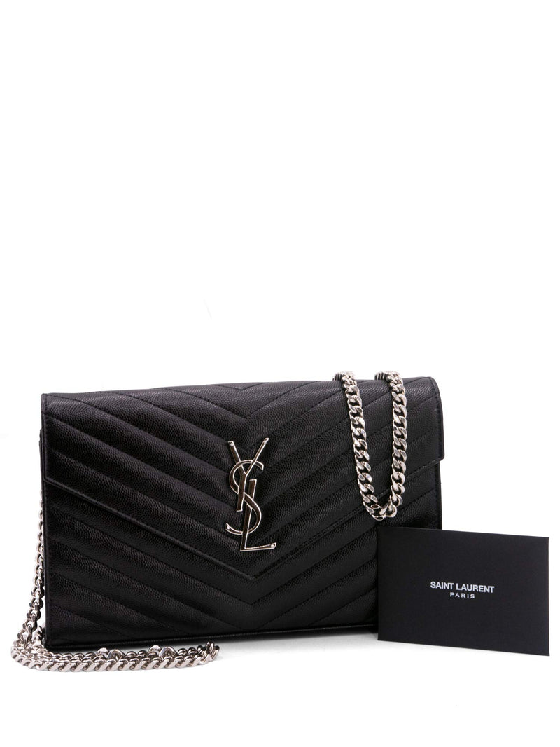 Saint Laurent Chevron Leather Monogram Wallet Chain Bag Black