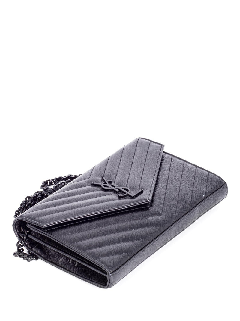 Saint Laurent Chevron Leather Monogram Wallet Chain Bag Black