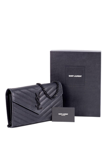 Saint Laurent Chevron Leather Monogram Wallet Chain Bag Black-designer resale