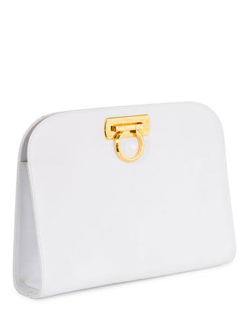 Salvatore Ferragamo 24K Gold Plated Gancini Chain Messenger Bag White-designer resale