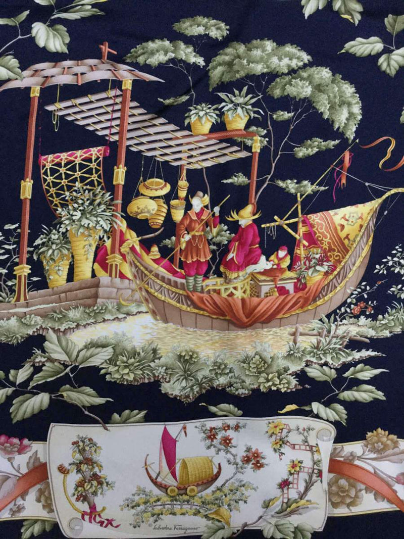 Salvatore Ferragamo Asian Print Black Silk Scarf-designer resale