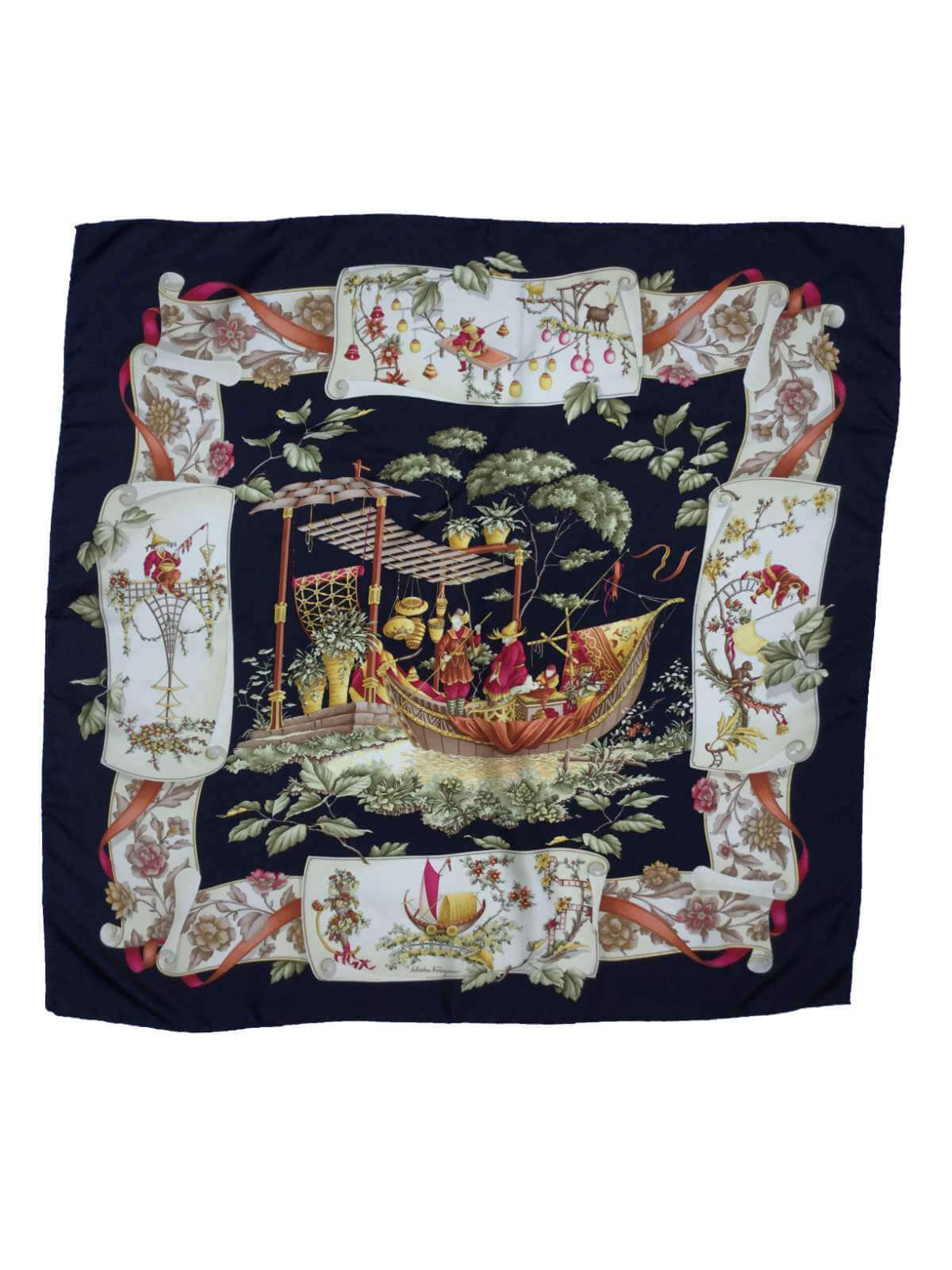 Salvatore Ferragamo Asian Print Black Silk Scarf-designer resale