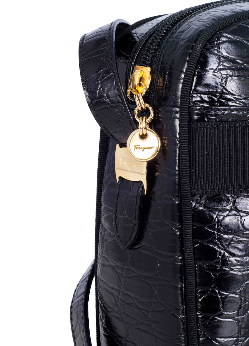 Salvatore Ferragamo Crocodile Embossed Vara Messenger Bag Black-designer resale