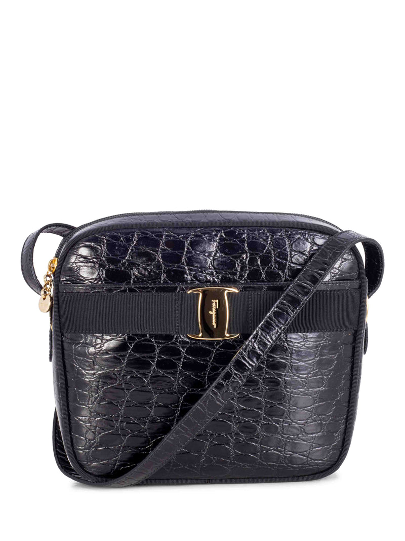 Salvatore Ferragamo Crocodile Embossed Vara Messenger Bag Black-designer resale