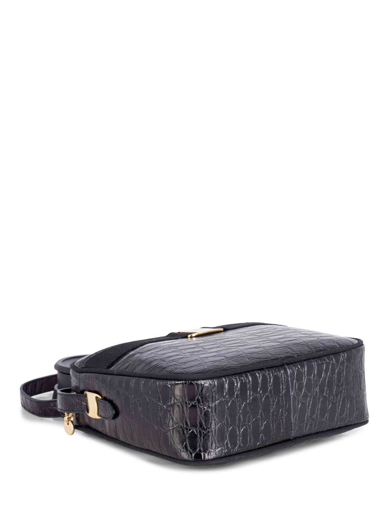 Salvatore Ferragamo Crocodile Embossed Vara Messenger Bag Black-designer resale
