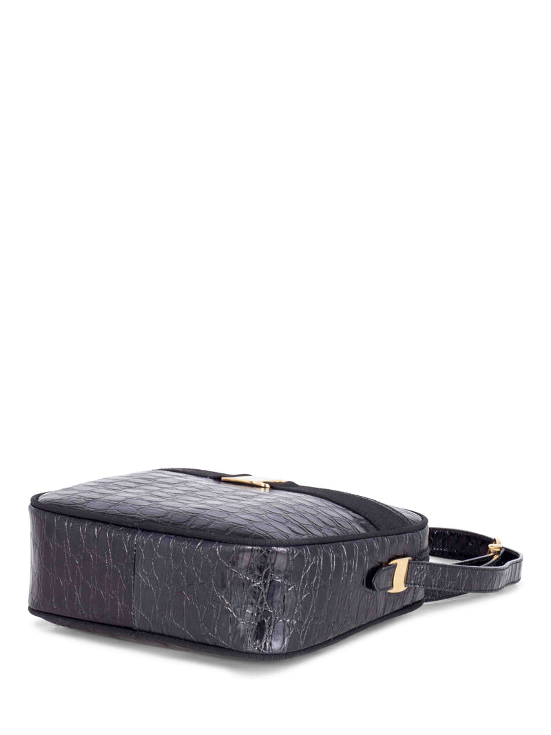 Salvatore Ferragamo Crocodile Embossed Vara Messenger Bag Black-designer resale