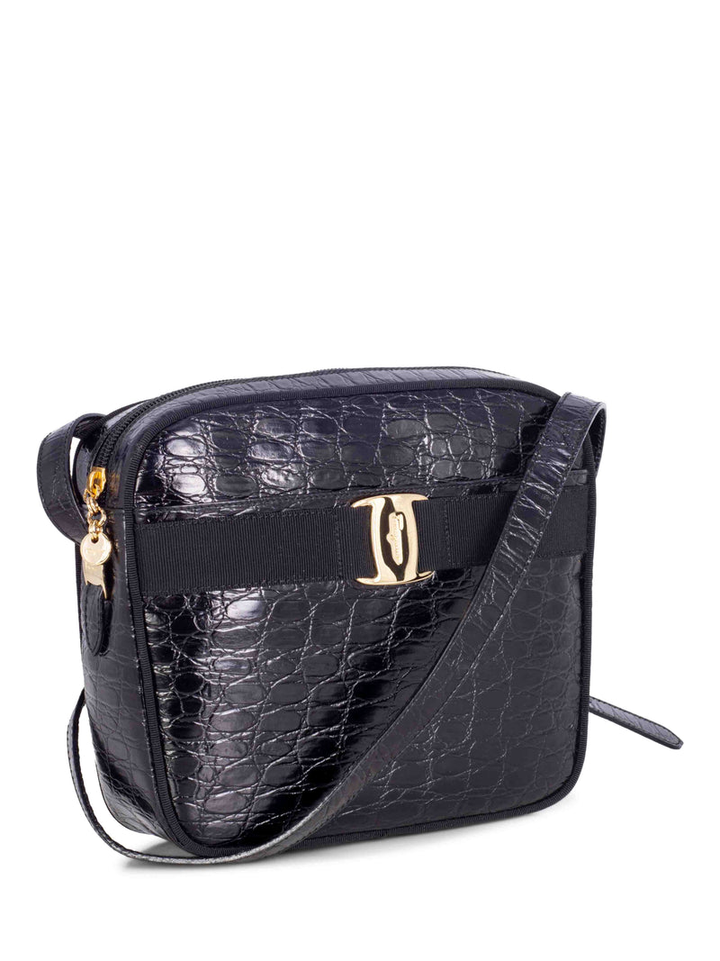 Salvatore Ferragamo Crocodile Embossed Vara Messenger Bag Black-designer resale