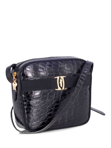 Salvatore Ferragamo Crocodile Embossed Vara Messenger Bag Black-designer resale