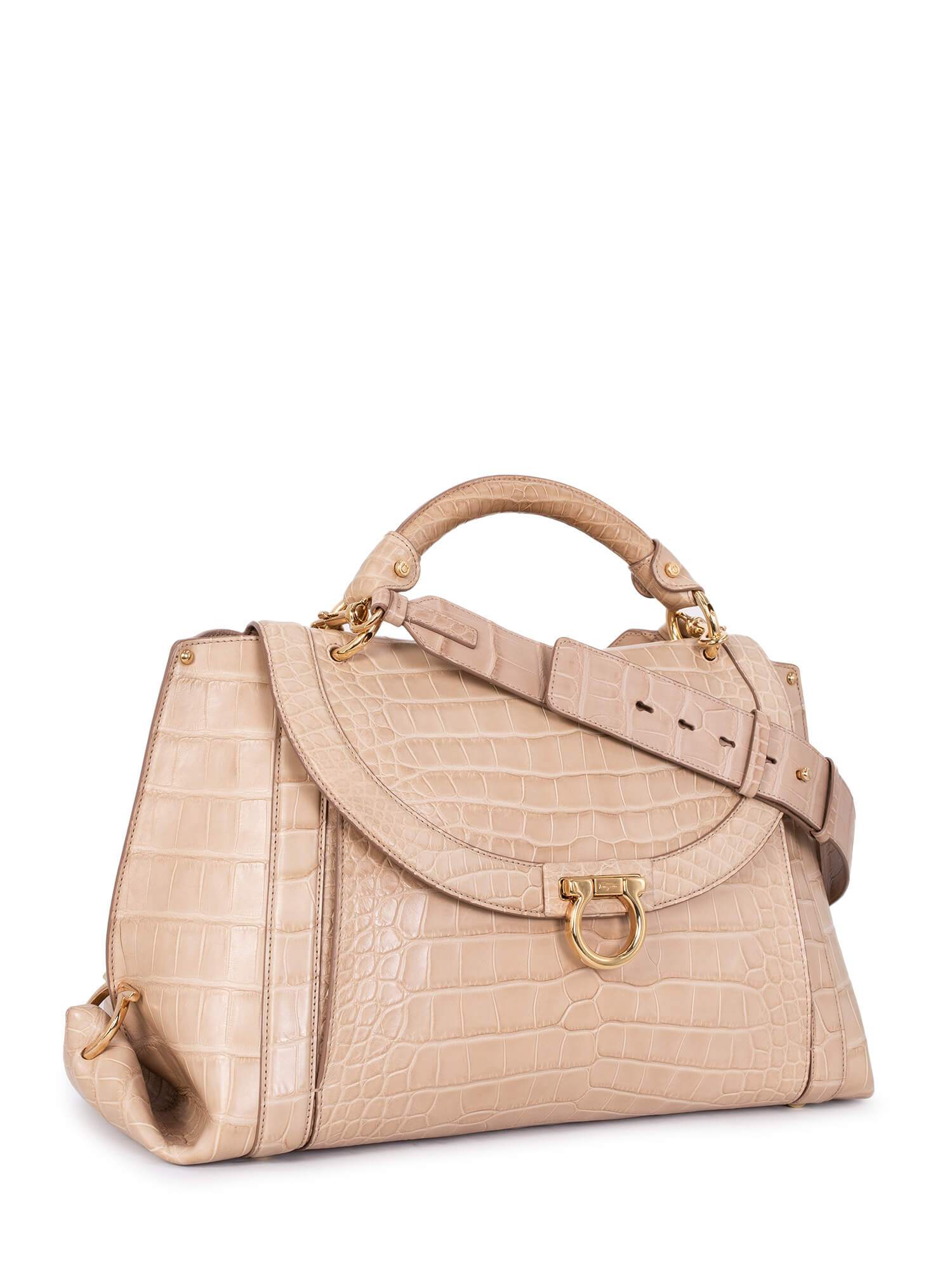 Salvatore Ferragamo Crocodile Suzanna Saddle Bag Beige-designer resale