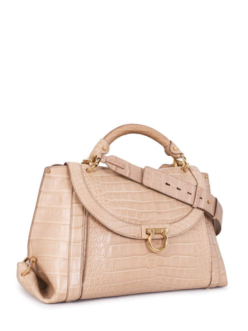 Salvatore Ferragamo Crocodile Suzanna Saddle Bag Beige-designer resale