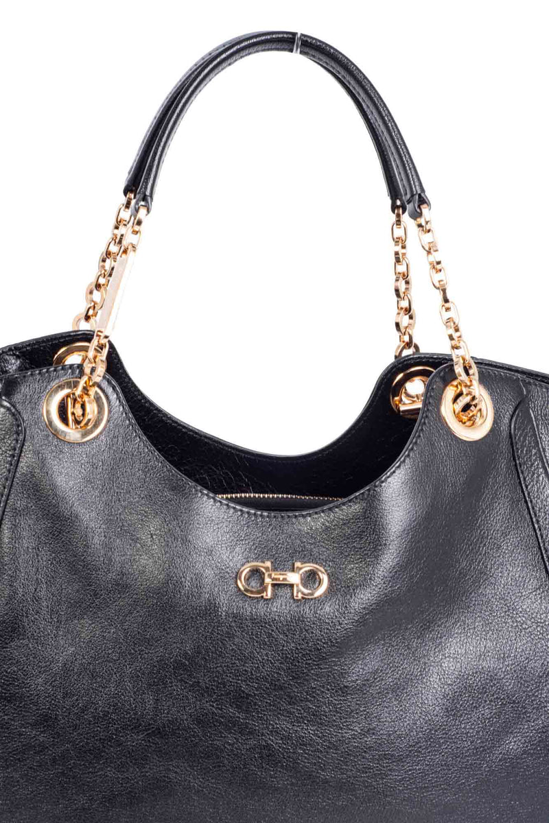 Salvatore Ferragamo Gancini Shiny Leather Shopper Bag Black-designer resale