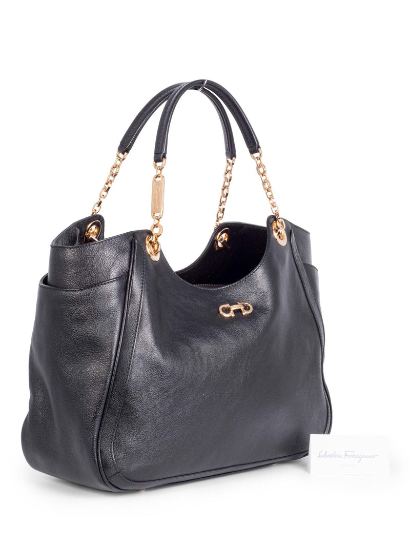 Salvatore Ferragamo Gancini Shiny Leather Shopper Bag Black-designer resale