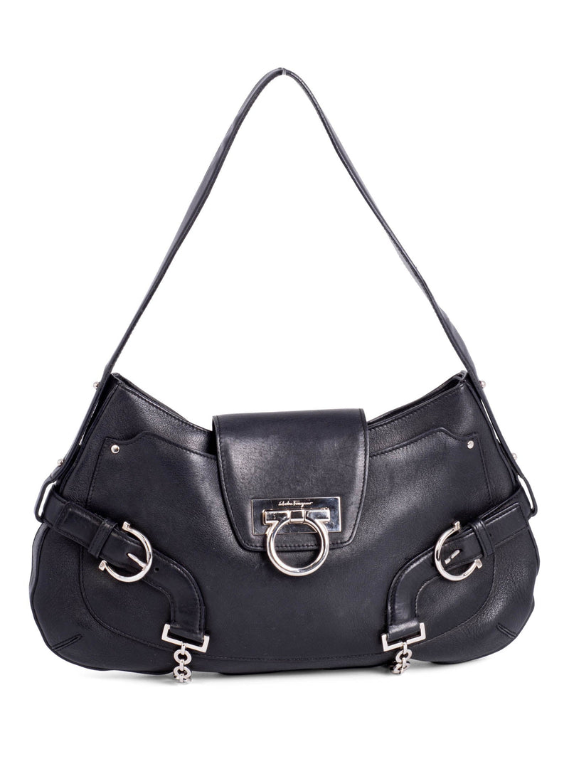 Salvatore Ferragamo Leather Gancini Hobo Bag Black-designer resale