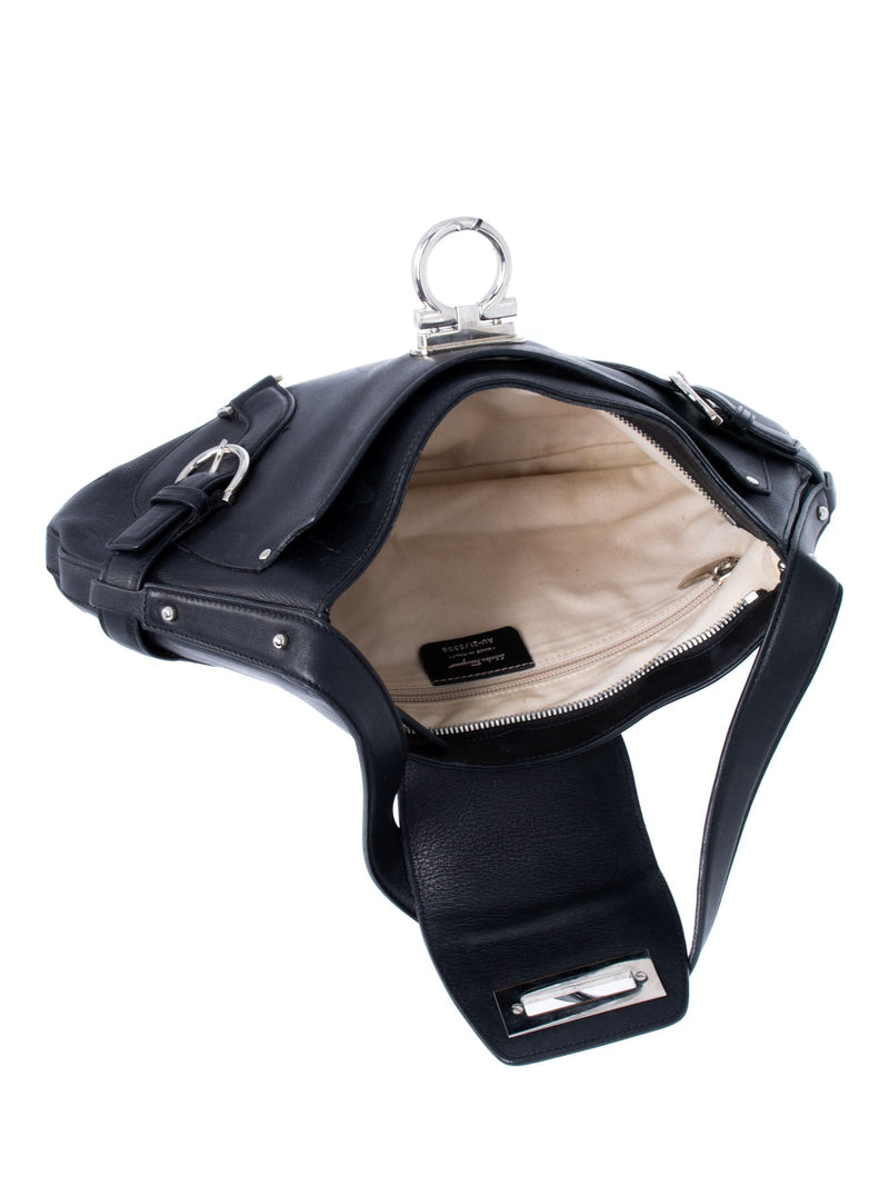 Salvatore Ferragamo Leather Gancini Hobo Bag Black-designer resale