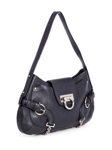 Salvatore Ferragamo Leather Gancini Hobo Bag Black-designer resale