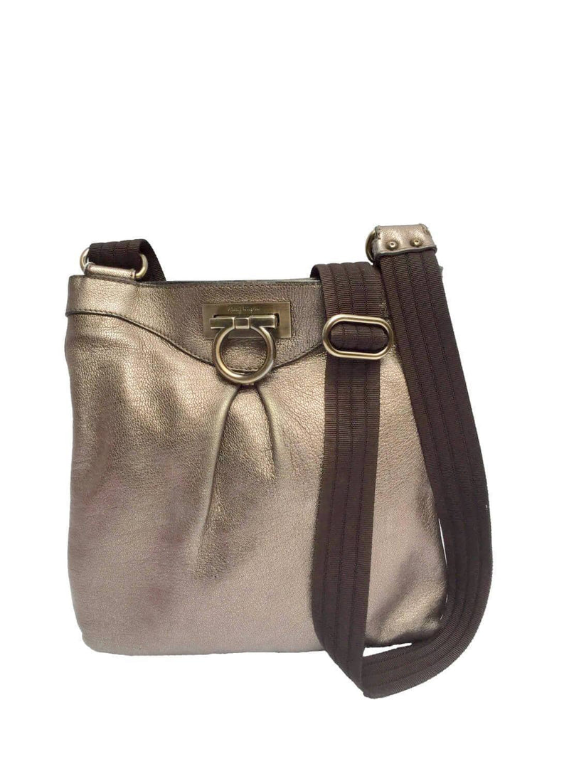 Salvatore Ferragamo Leather Gancini Messenger Bag Taupe-designer resale
