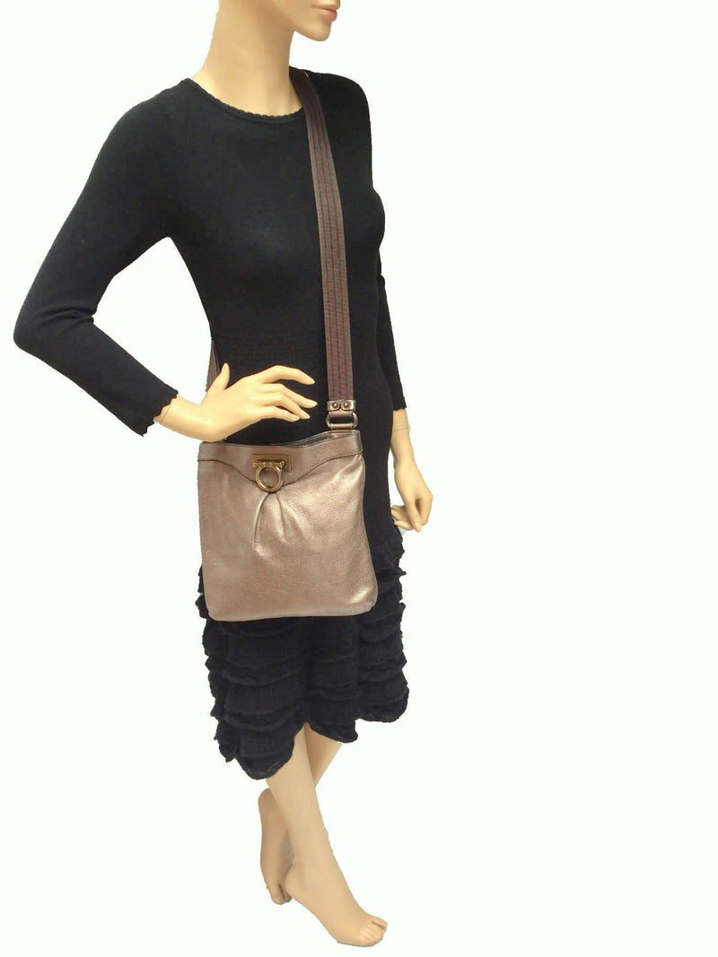 Salvatore Ferragamo Leather Gancini Messenger Bag Taupe-designer resale