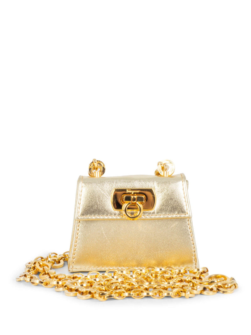 Salvatore Ferragamo Leather Micro Gancini Kelly Bag Belt Gold-designer resale