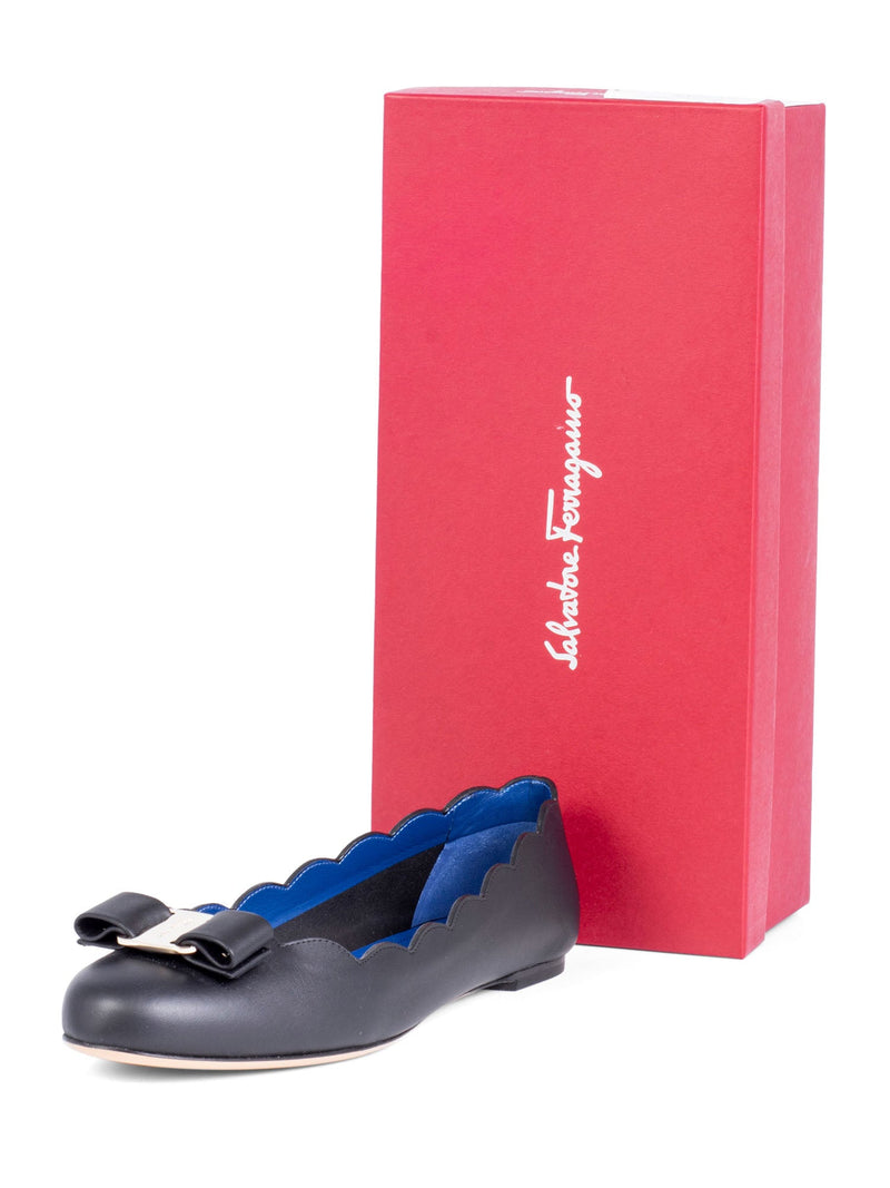 Salvatore Ferragamo Leather Round Toe Bow Ballet Flats Black-designer resale