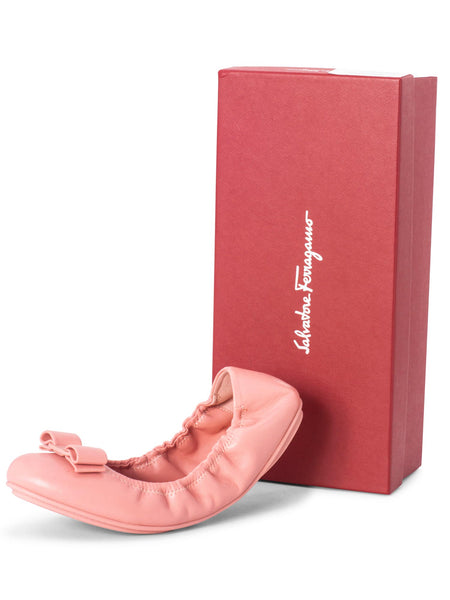 Salvatore Ferragamo Leather Round Toe Bow Ballet Flats Pink