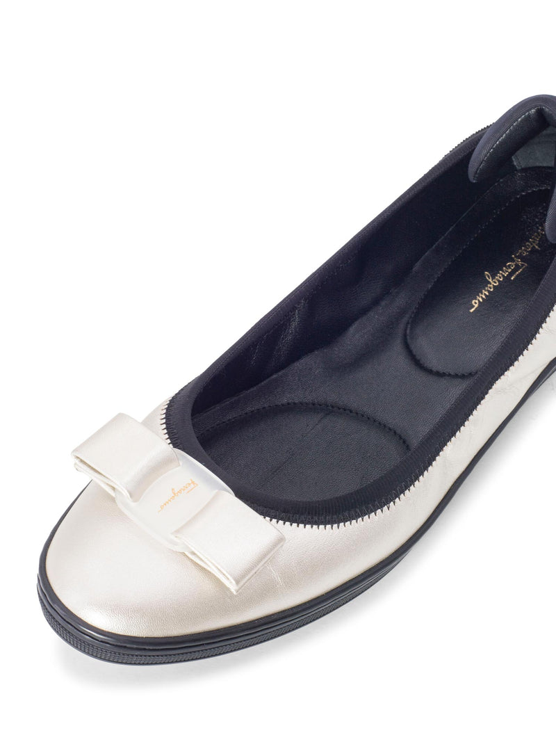 Salvatore Ferragamo Leather Round Toe Bow Ballet Flats Silver Black-designer resale