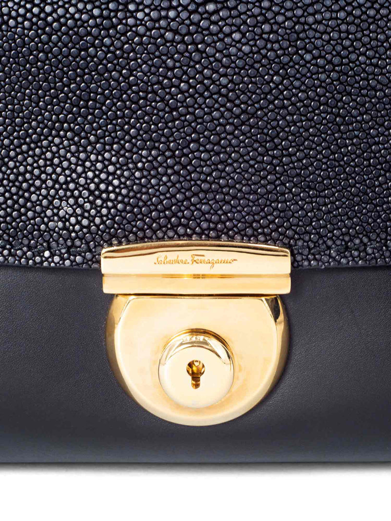 Salvatore Ferragamo Leather Stingray Top Handle Fiamma Bag Black-designer resale