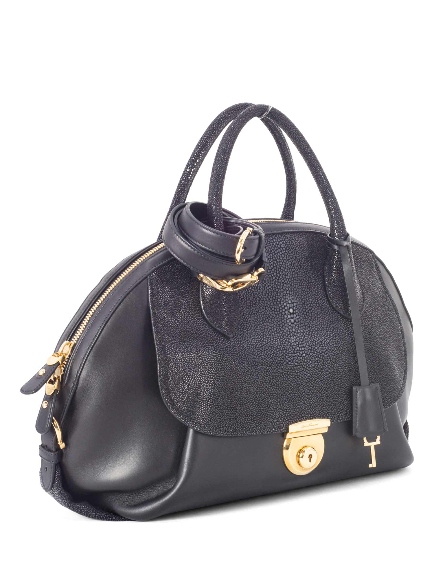 Salvatore Ferragamo Leather Stingray Top Handle Fiamma Bag Black-designer resale