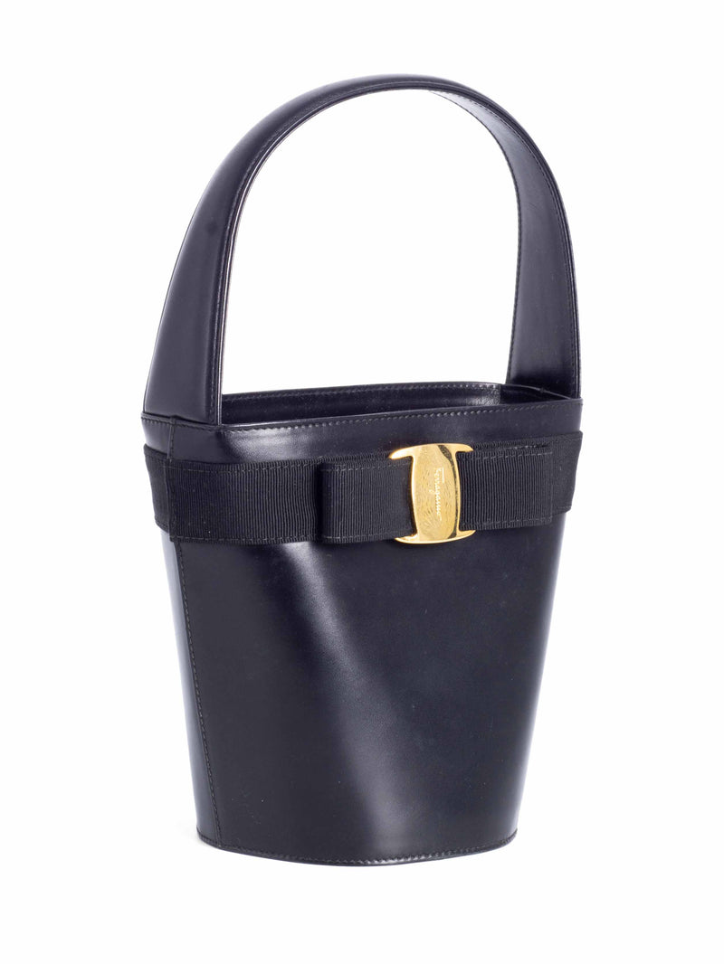 Salvatore Ferragamo Leather Top Handle Bucket Bag Black-designer resale