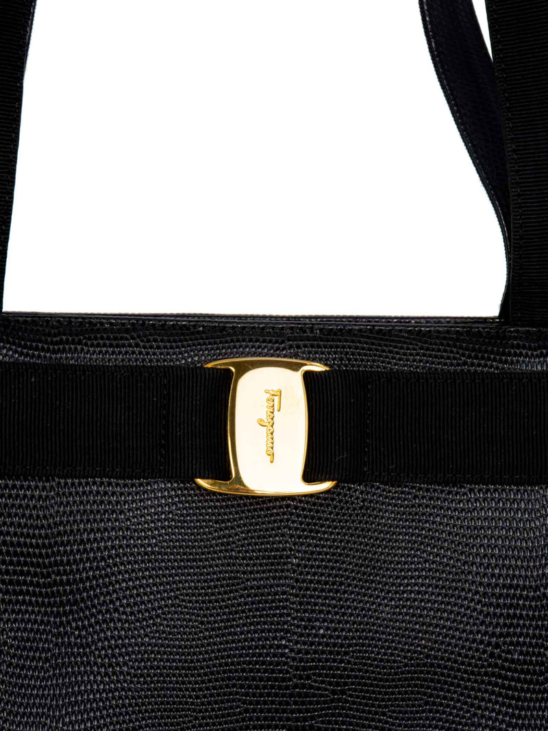 Salvatore Ferragamo Lizard Embossed Vara Shopper Bag Black-designer resale