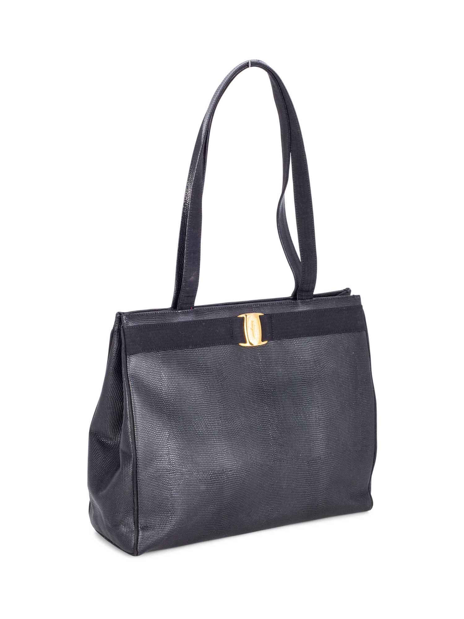 Salvatore Ferragamo Lizard Embossed Vara Shopper Bag Black-designer resale