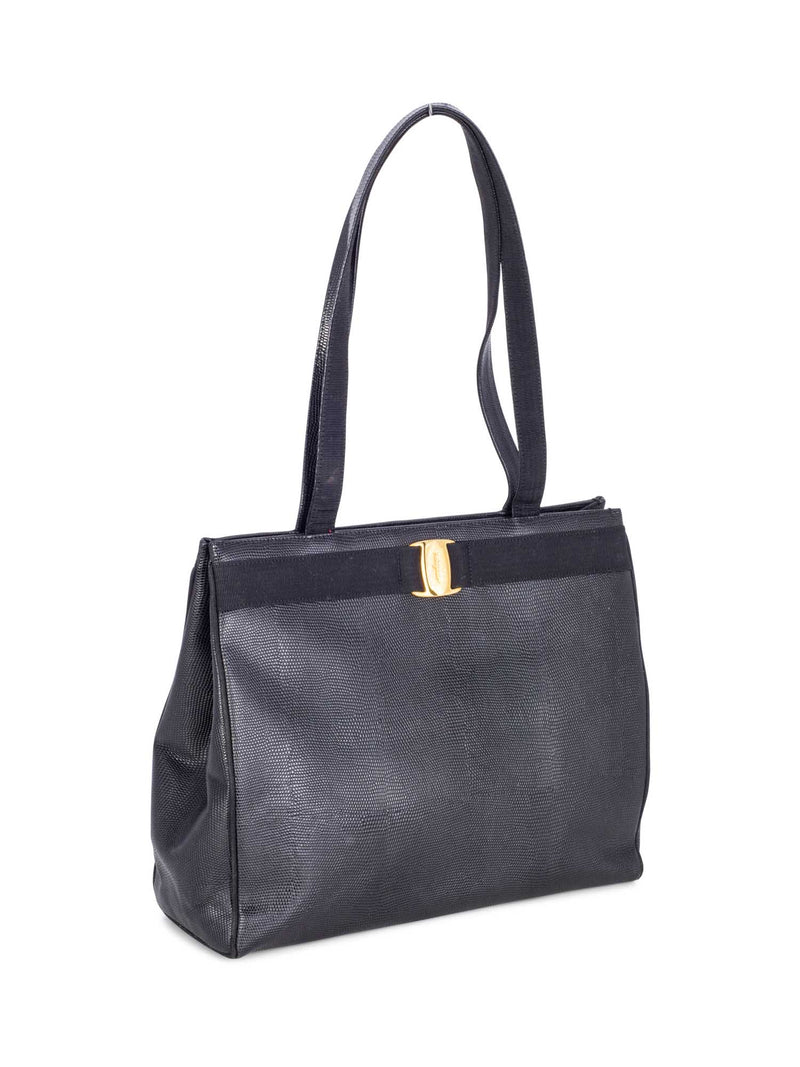 Salvatore Ferragamo Lizard Embossed Vara Shopper Bag Black-designer resale