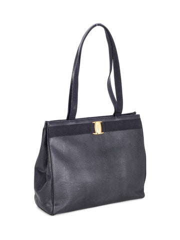 Salvatore Ferragamo Lizard Embossed Vara Shopper Bag Black-designer resale