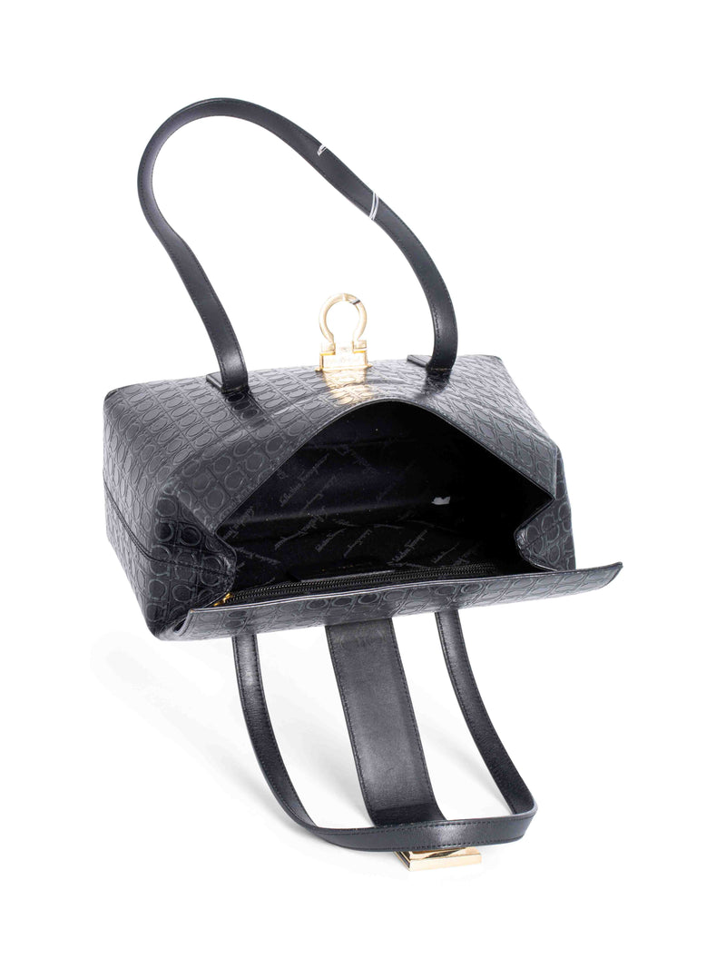 Salvatore Ferragamo Monogram Embossed Gancini Top Handle Bag Black-designer resale