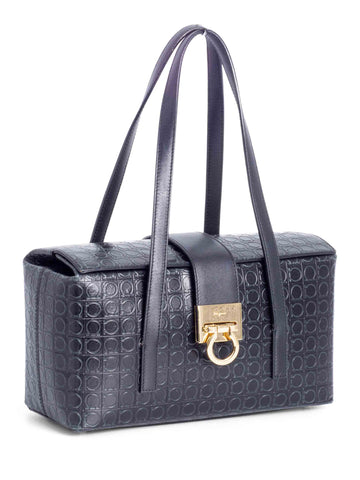 Salvatore Ferragamo Monogram Embossed Gancini Top Handle Bag Black-designer resale