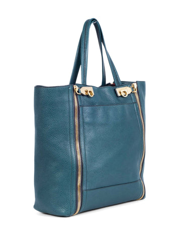 Salvatore Ferragamo Pebble Leather Zippered Gancini Bag Hampton Blue-designer resale