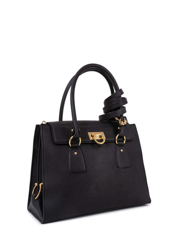 Salvatore Ferragamo Pebbled Leather Gancini Flap Bag Black-designer resale