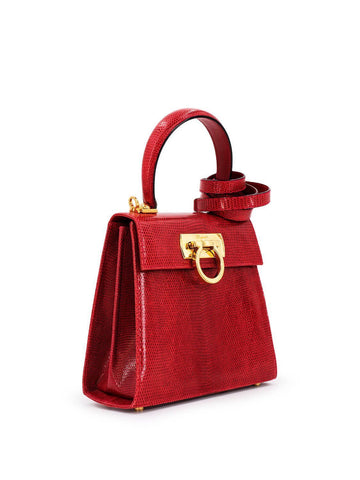 Salvatore Ferragamo Shiny Lizard Gancini Mini Kelly Bag Red-designer resale