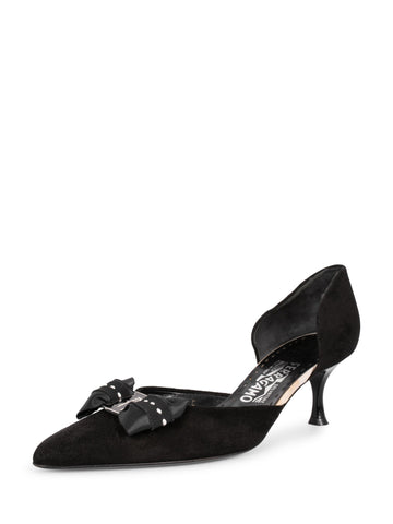 Salvatore Ferragamo Suede Bow Kitten Heels Black-designer resale