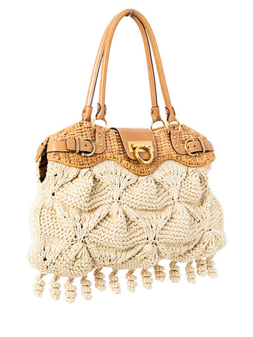 Salvatore Ferragamo Wicker Woven Gancini Bag Beige-designer resale