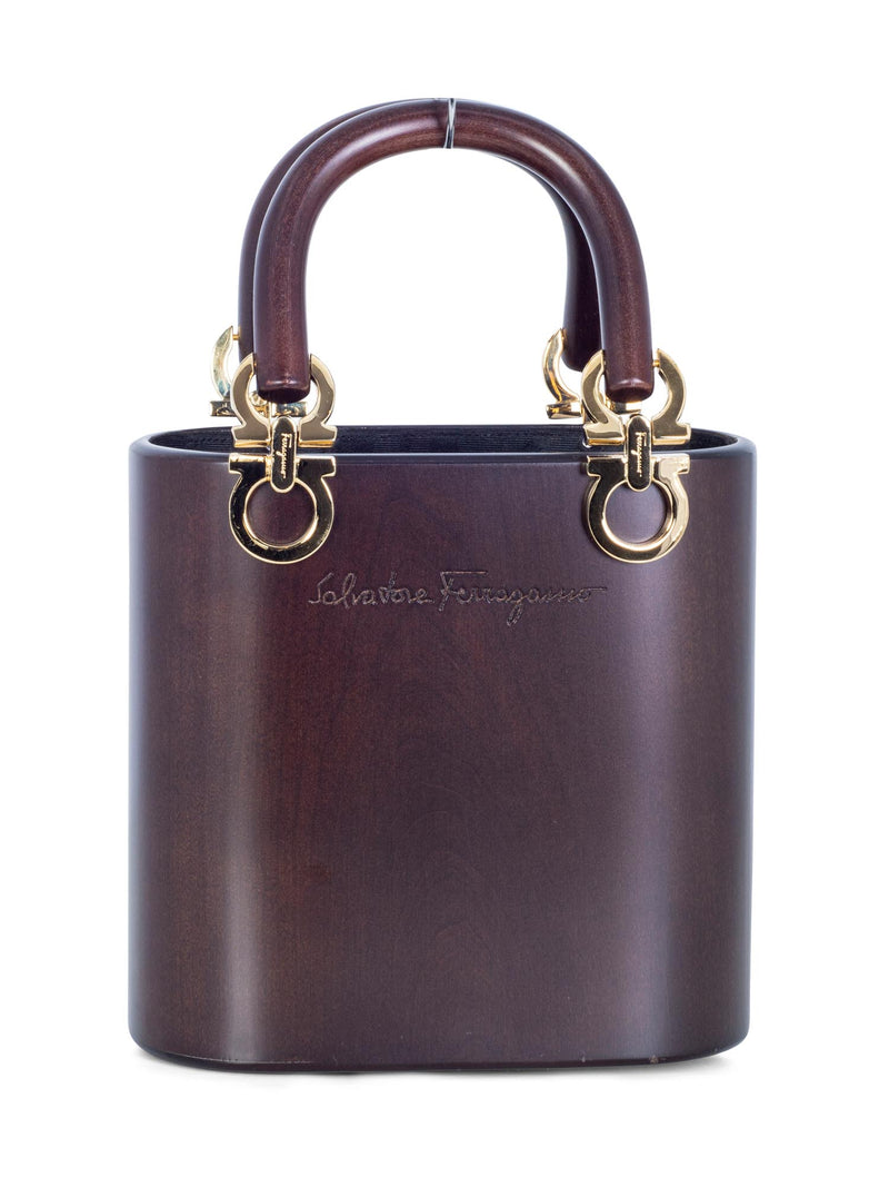 Salvatore Ferragamo Wood Gancini Top Handle Bucket Bag Brown-designer resale
