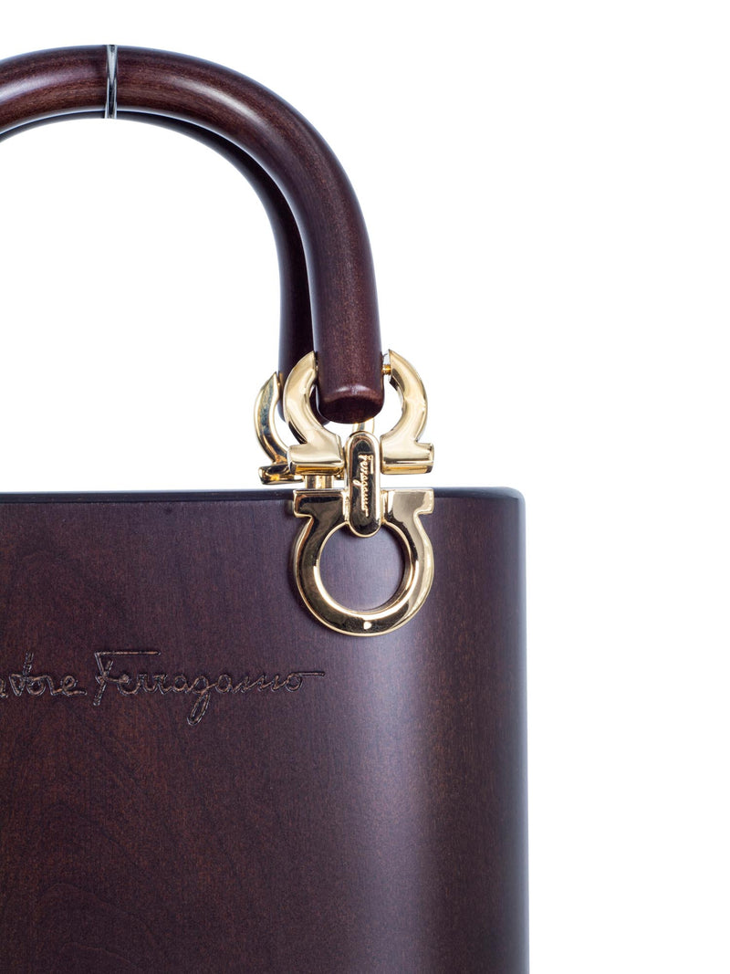 Salvatore Ferragamo Wood Gancini Top Handle Bucket Bag Brown-designer resale