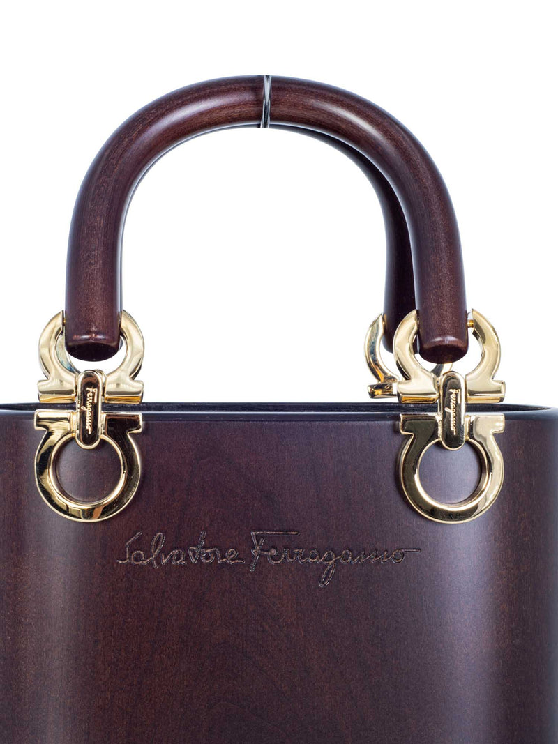 Salvatore Ferragamo Wood Gancini Top Handle Bucket Bag Brown-designer resale