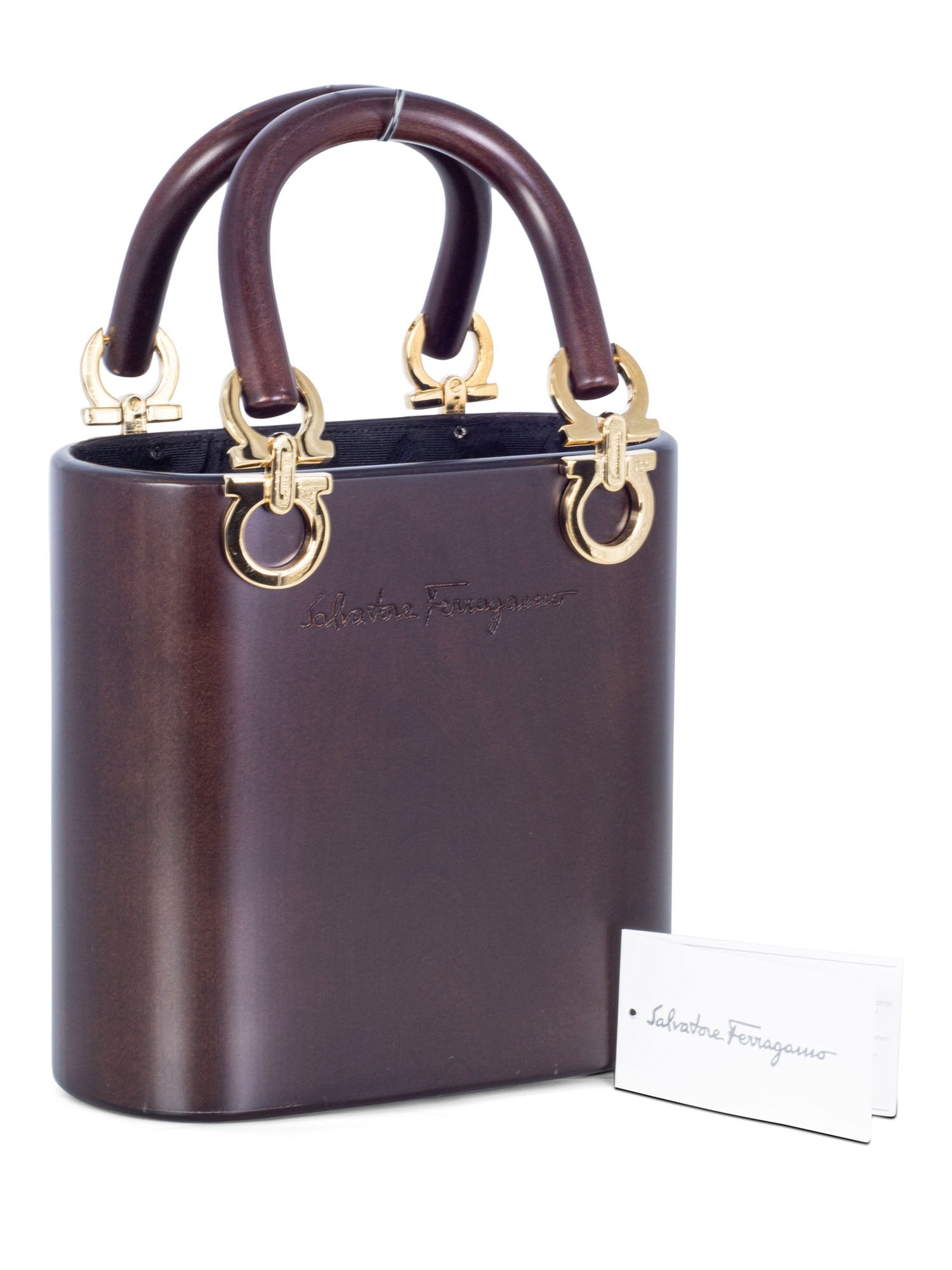 Salvatore Ferragamo Wood Gancini Top Handle Bucket Bag Brown-designer resale