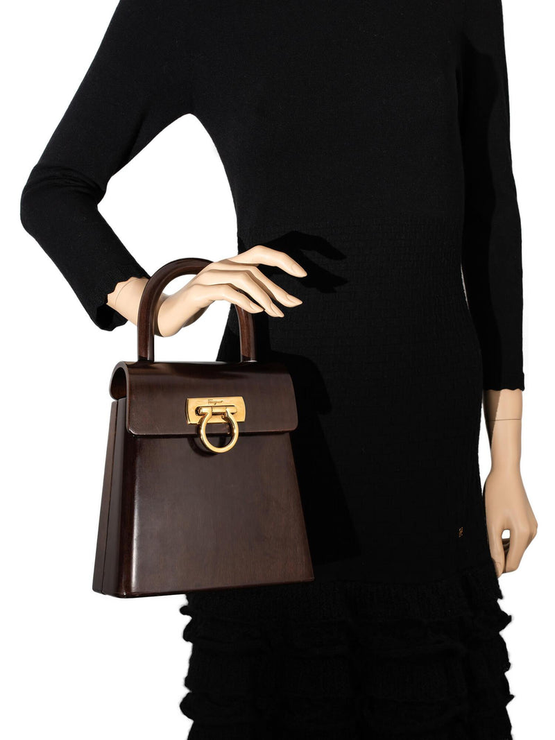 Salvatore Ferragamo Wooden Gancini Flap Bag Brown-designer resale