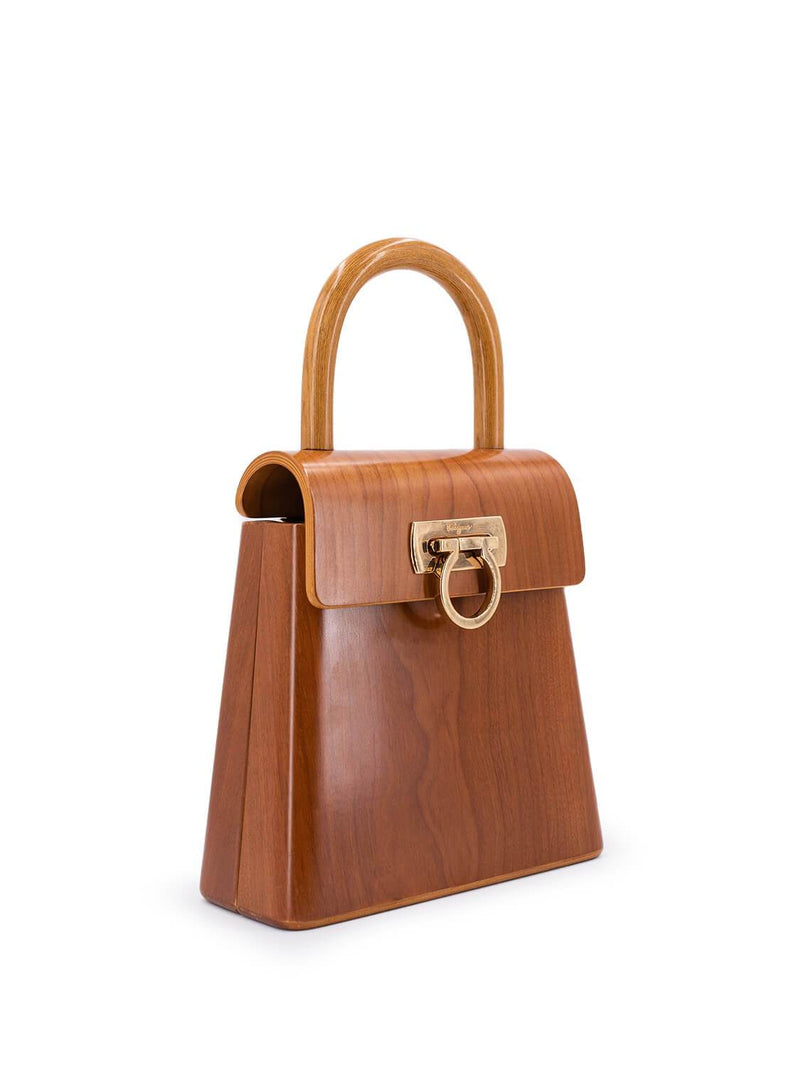 Salvatore Ferragamo Wooden Gancini Flap Bag Light Brown