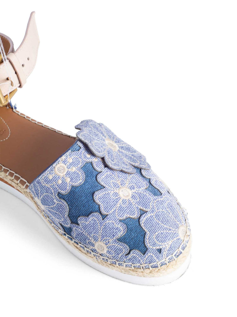 See by Chloe Floral Denim Ankle Strap Espadrilles Platform Sandals Blue-designer resale