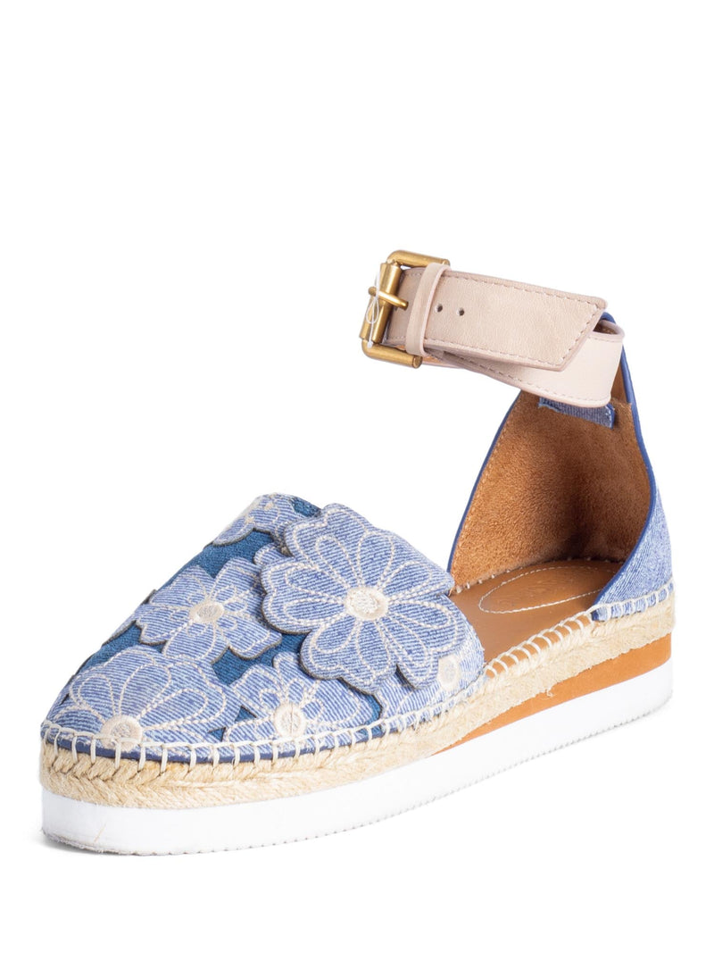 See by Chloe Floral Denim Ankle Strap Espadrilles Platform Sandals