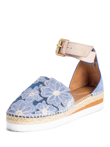 See by Chloe Floral Denim Ankle Strap Espadrilles Platform Sandals Blue-designer resale